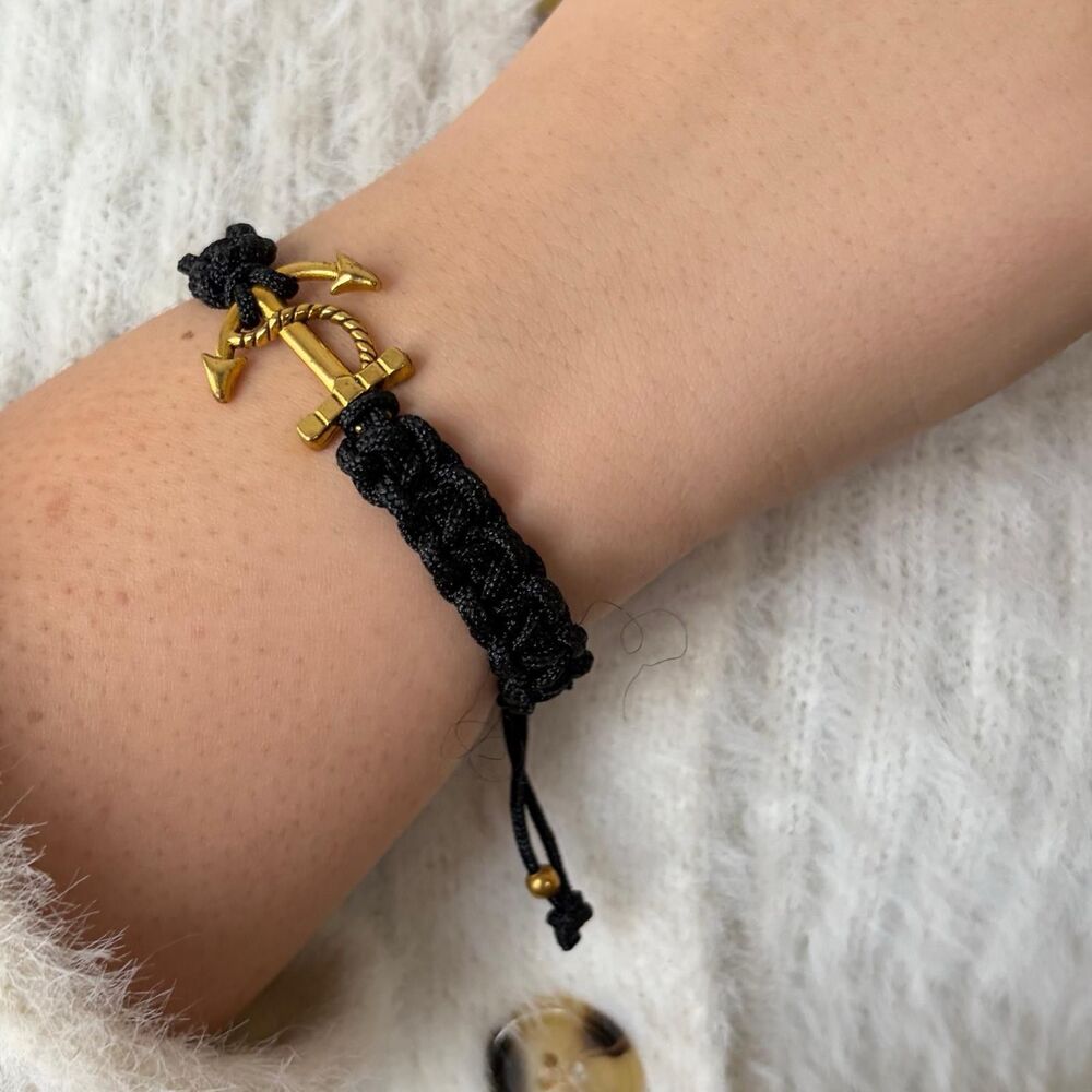 Black Braided Cord Anchor Bracelet Gold Tone Nautical Adjustable Rope - Picture 5 of 8